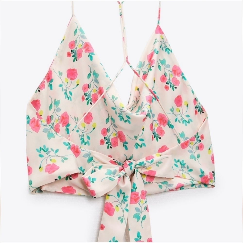 ZARA Floral Tie Back Criss Cross Handkerchief Crop Top Size M - Picture 8 of 11